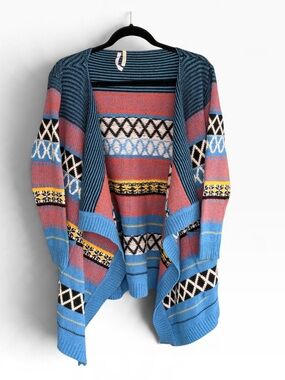 36 Point 5 Aztec Geometric Open Front Waterfall Cardigan Blue Medium